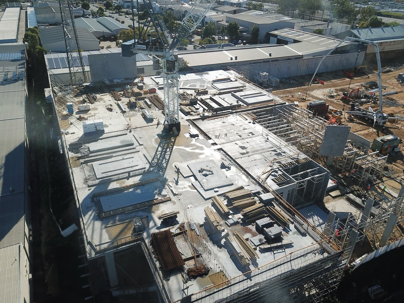 Aerial view of the 21 Wrights Place micro warehouse development under construction at Arundel on the Gold Coast