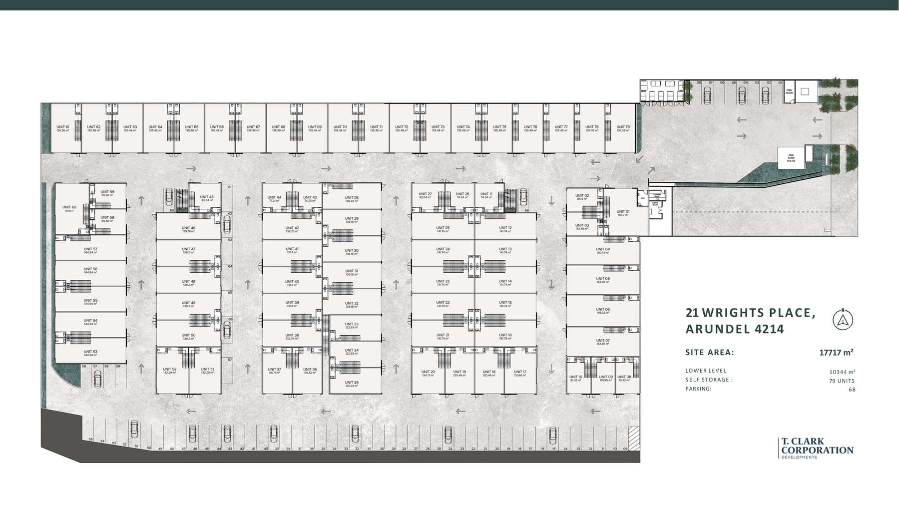Master site plan of 21 Wrights Place, Arundel showing all 79 micro warehouse units, unit areas, circulation and 68 car parking bays