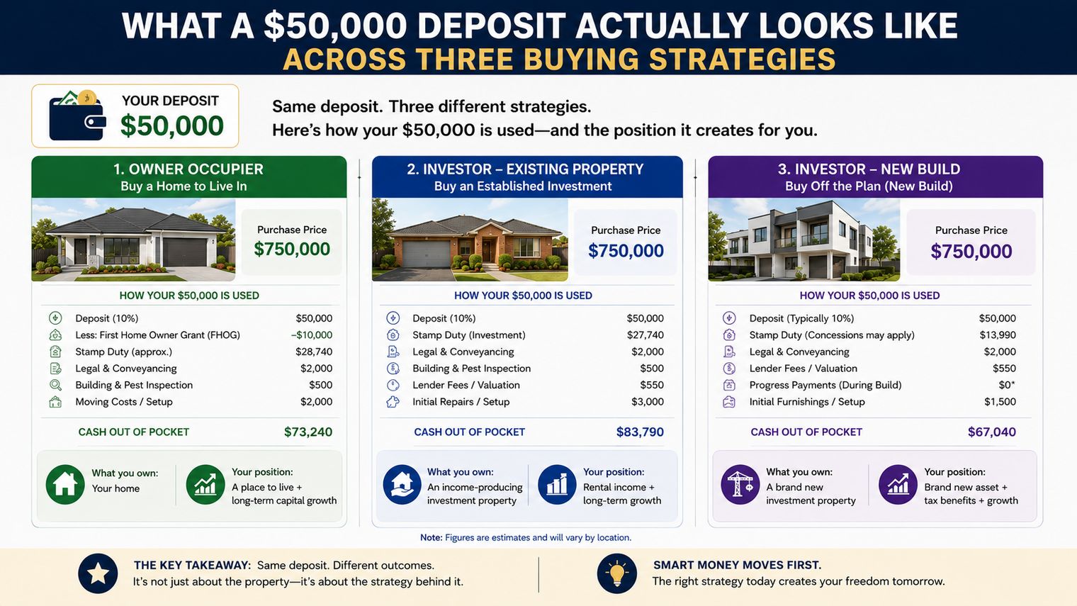 What a $50,000 deposit actually looks like across three buying strategies