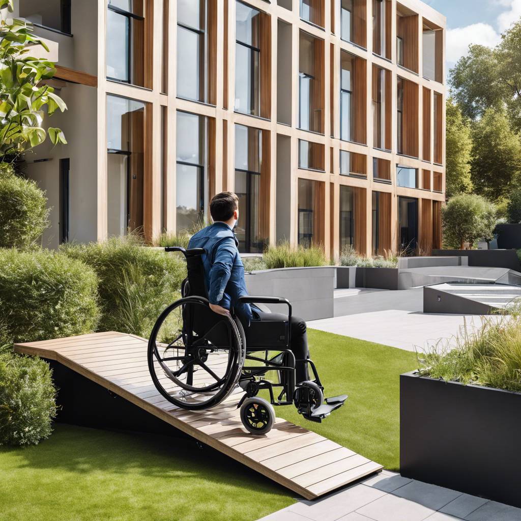 Person in wheelchair using an accessible ramp to a modern building with landscaped surroundings.