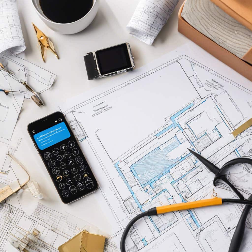 Architects workspace with blueprints, drafting tools, and coffee.