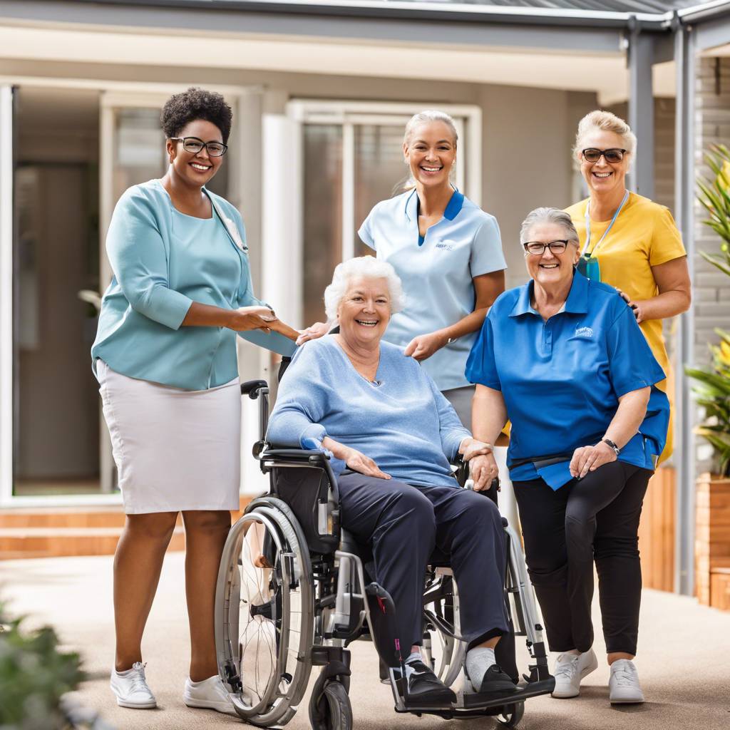 Elderly woman with caregivers outside care facility, sunshine, smiles, wheelchair, supportive environment.