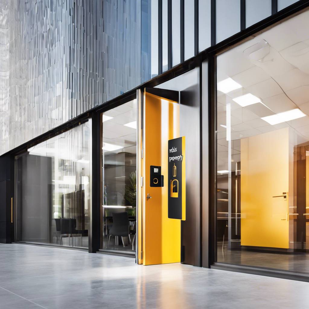 Commercial building entrance with yellow door, glass façade, and risk property sign.
