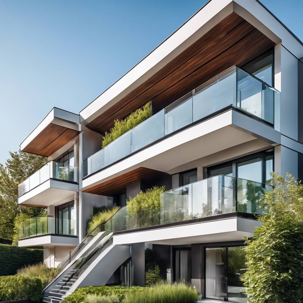 Modern multi-story residential building with glass balconies and greenery in a suburban setting.