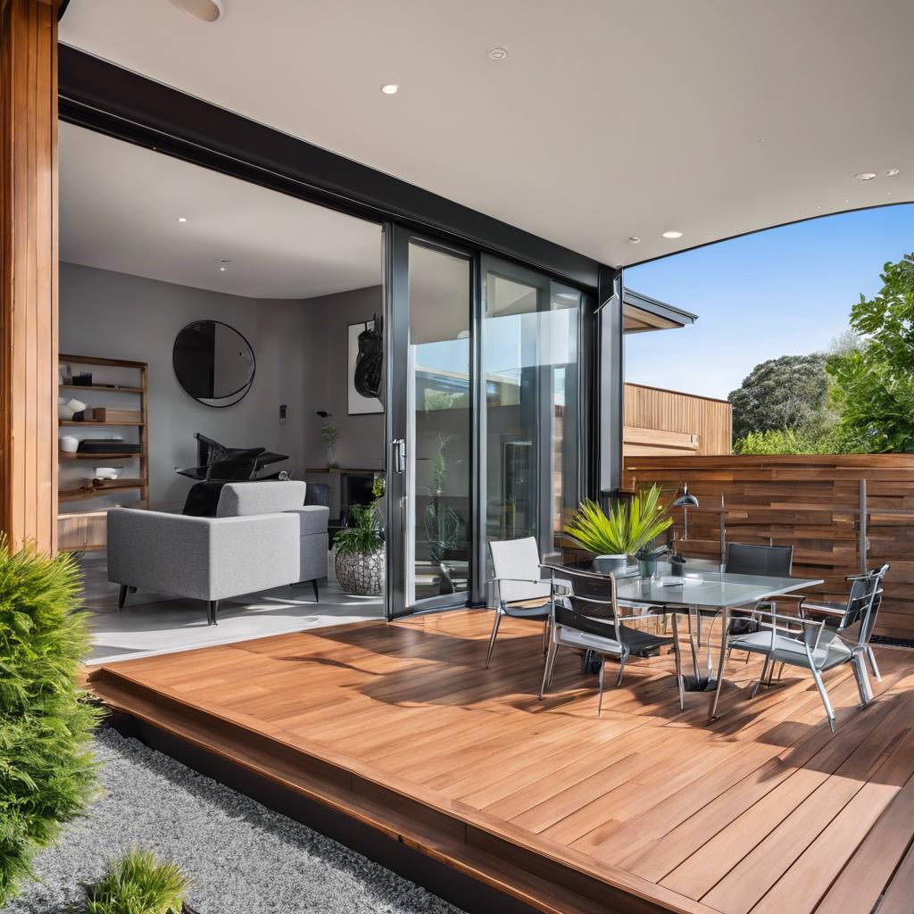 Modern patio with glass doors, wooden deck, outdoor dining set, and indoor living area.