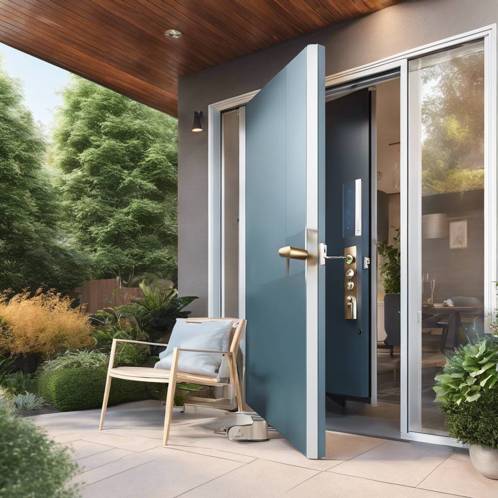Modern Australian home entryway with blue door, glass sliding door, and lush greenery.