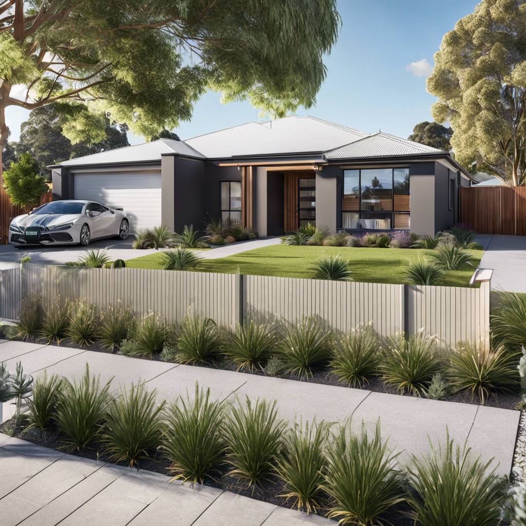 Modern single-story house with sleek design, manicured lawn, and contemporary accents in a suburban setting.