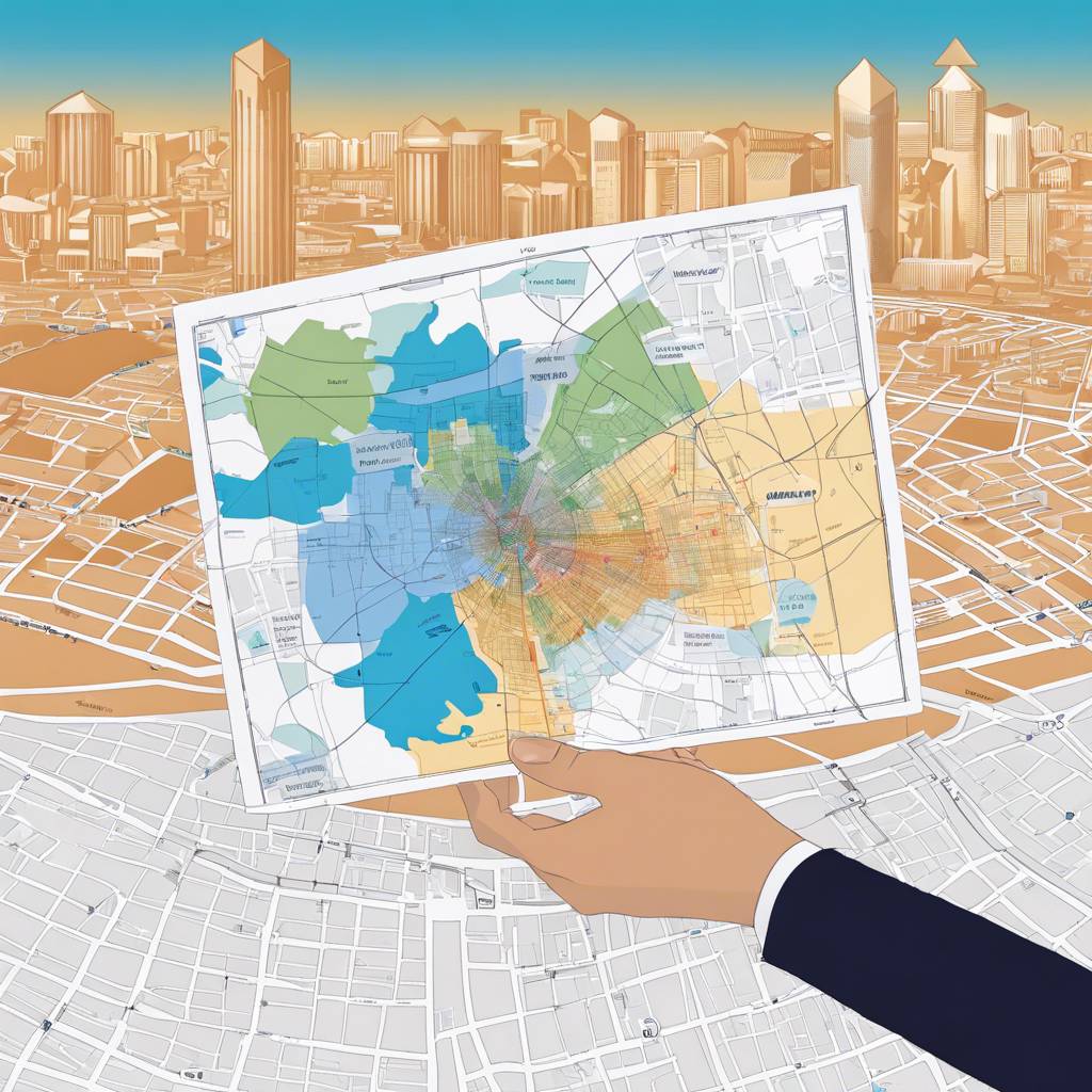 Hand holding detailed map over simplified urban map with cityscape in background.