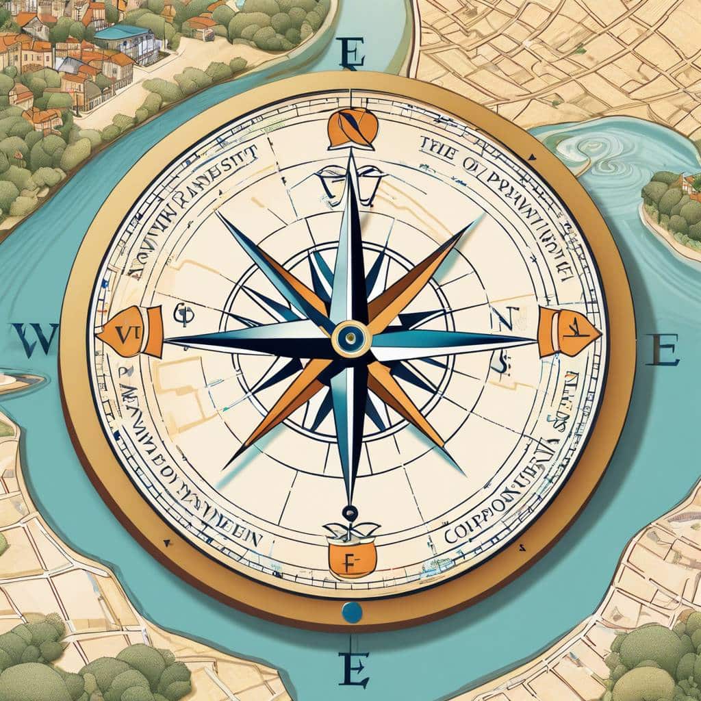 Vintage compass rose on a detailed map with river and settlements.