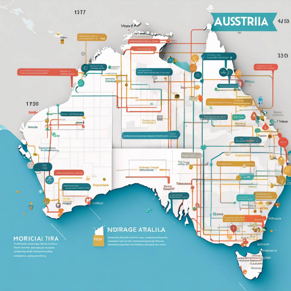 Stylized map of Australia with data points, connections, and colourful lines.