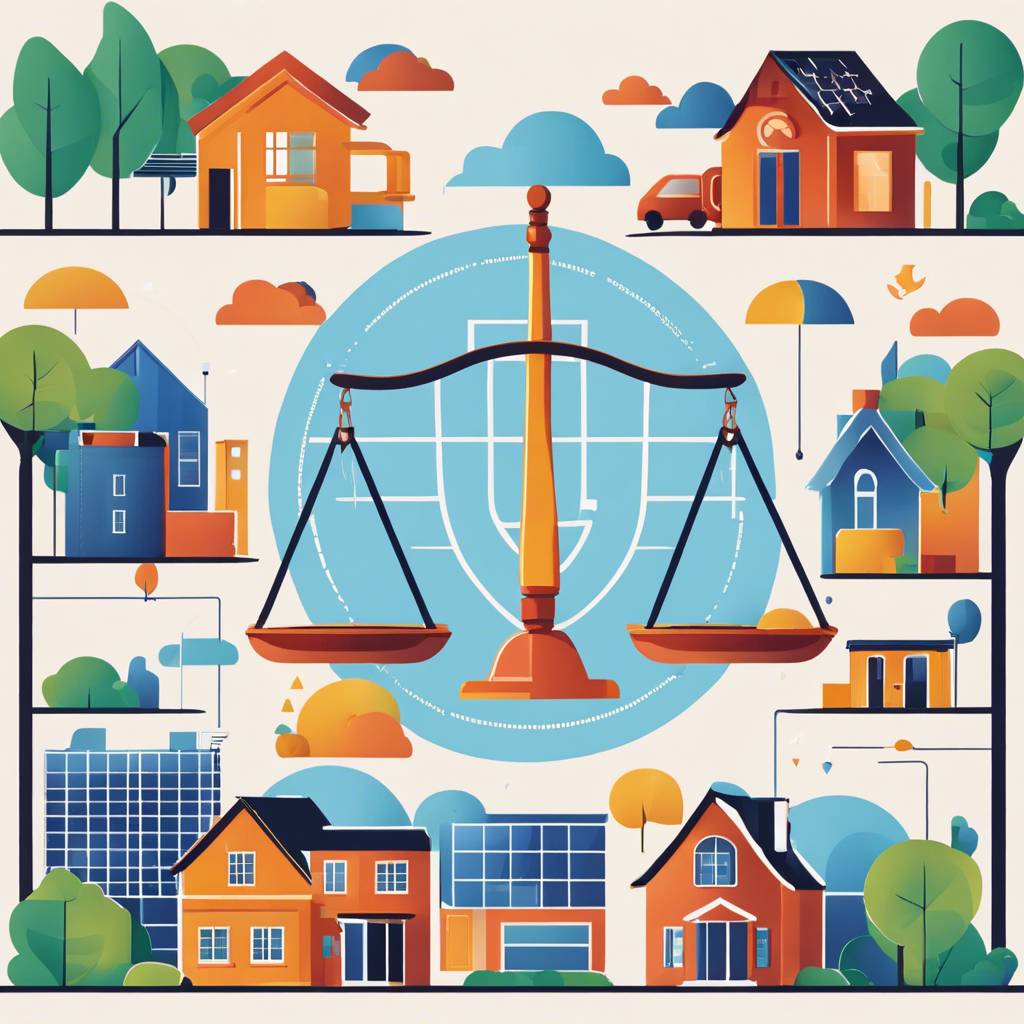 Justice scales amidst sustainable, diverse community with houses and solar panels.
