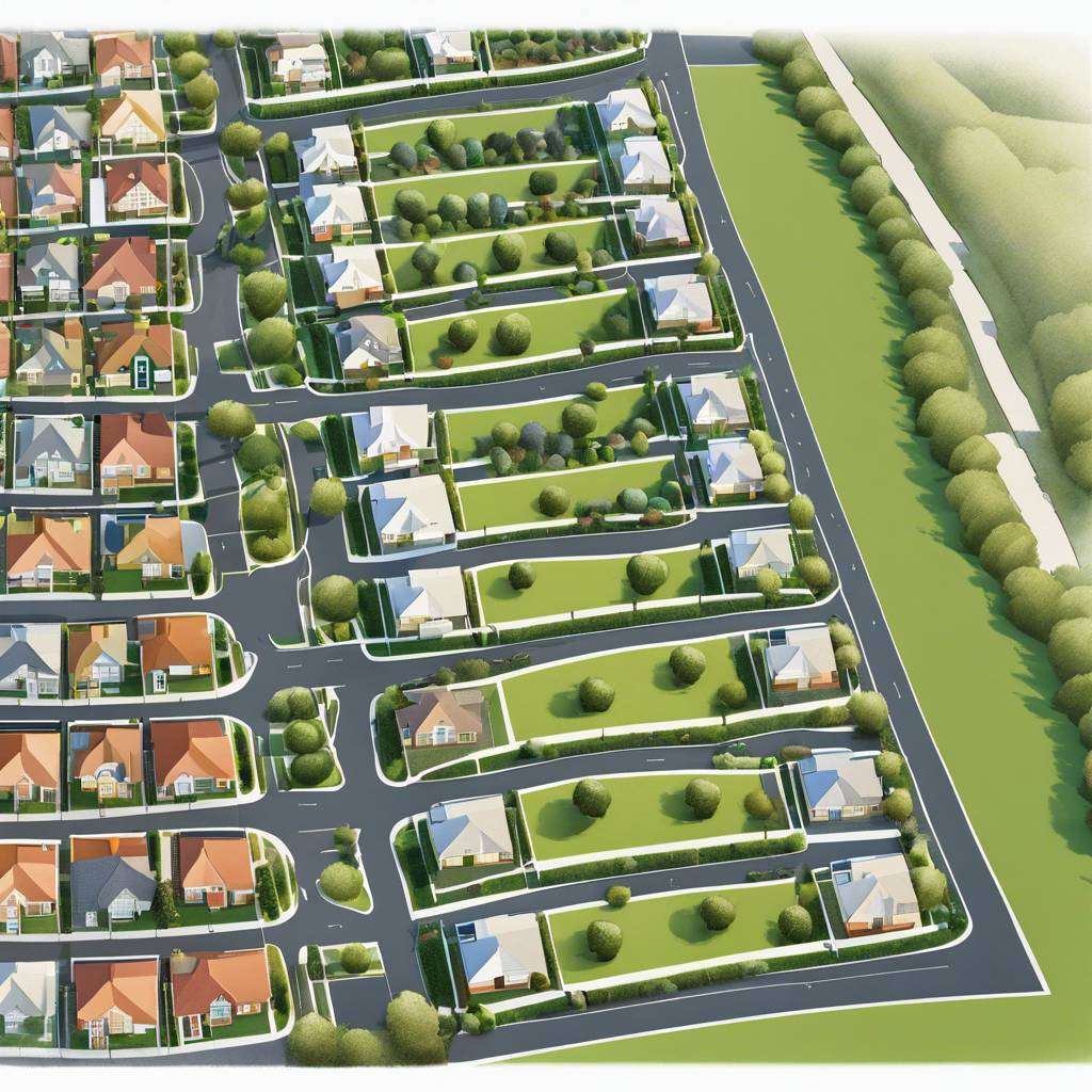 Suburban neighbourhood with green lawns, pitched roofs, wide roads, and a large bordering park.