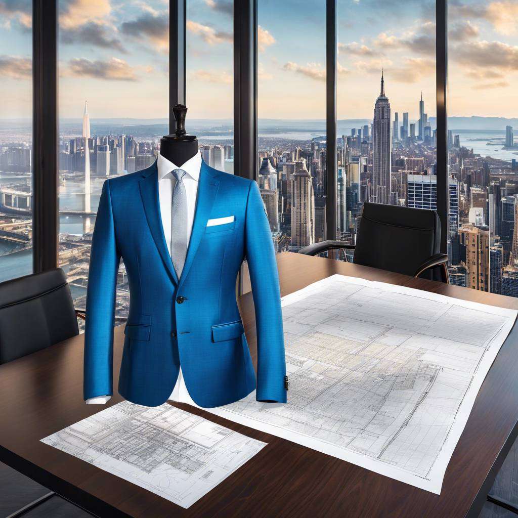 Modern office with tailored blazer, city skyline, and architectural blueprints.