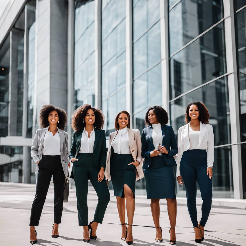 Professional women in business attire stand confidently in front of a modern glass building.
