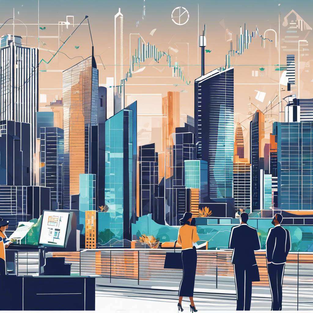 Business professionals discussing urban financial trends against a futuristic cityscape backdrop at dusk.