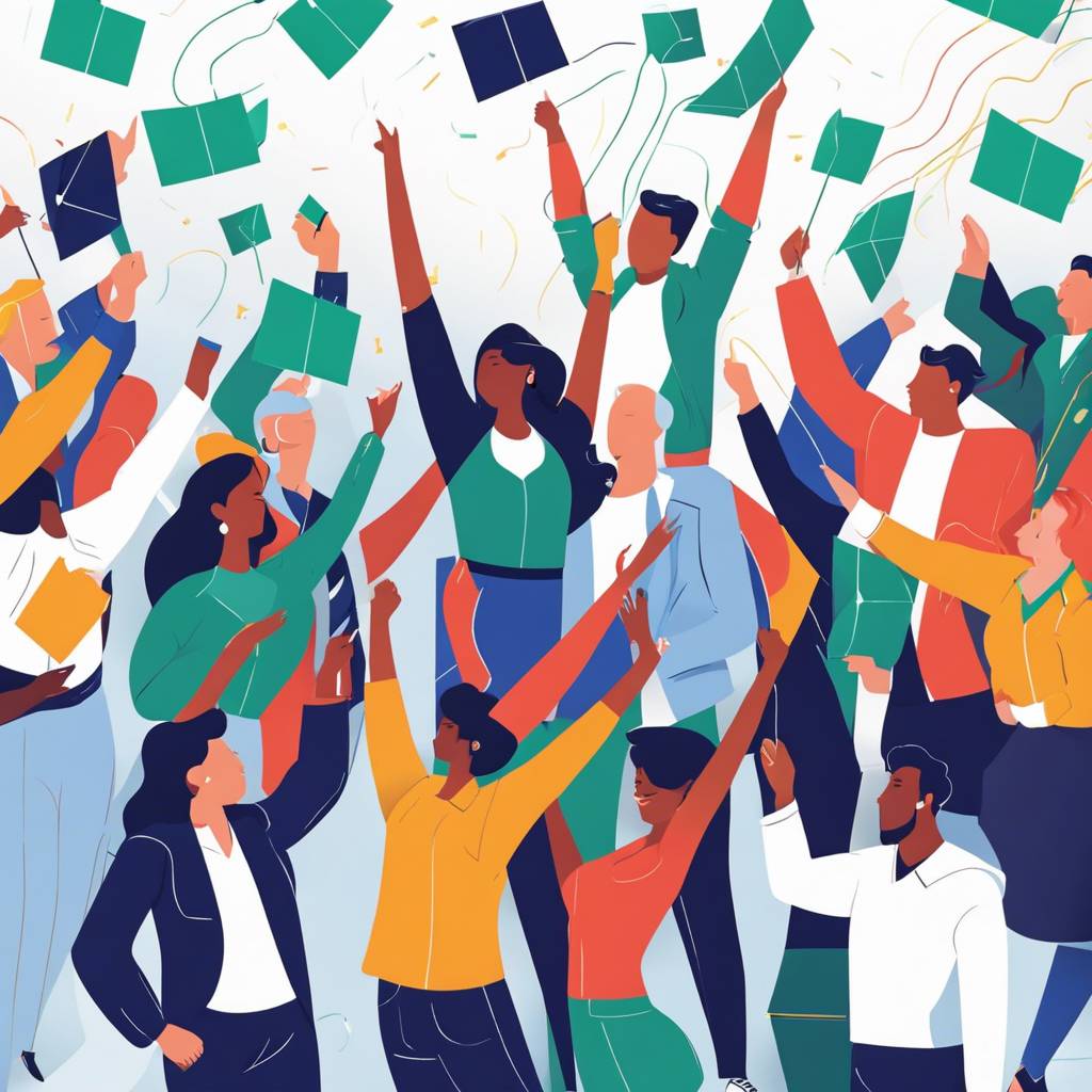 Celebration of diverse graduates with caps in air, symbolising academic achievement and joy.