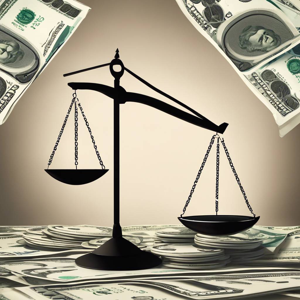 Balance scale with money, symbolising financial influence on justice.