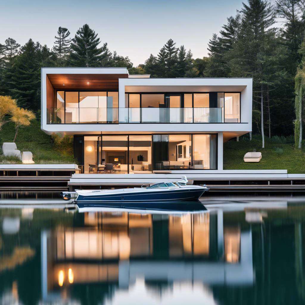 Modern lakeside house with balcony, docked boat, serene water reflections, lush greenery.
