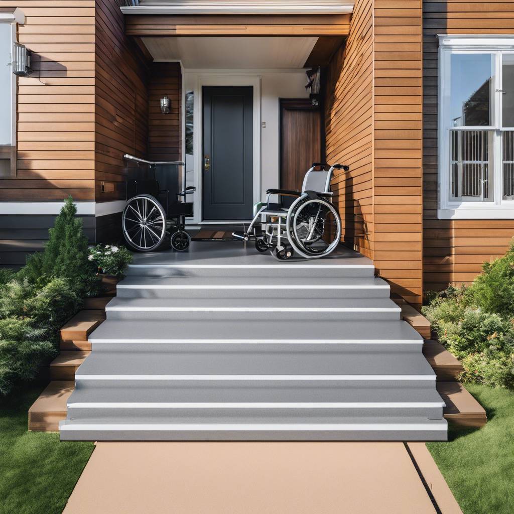 Modern accessible house entrance with wooden panels, ramp, and wheelchairs.