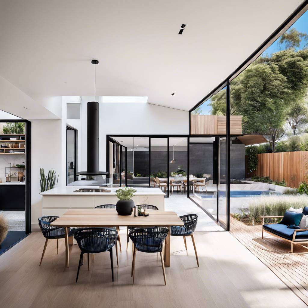 Modern open-concept living space with indoor-outdoor integration, dining area, minimalist kitchen, and poolside deck.