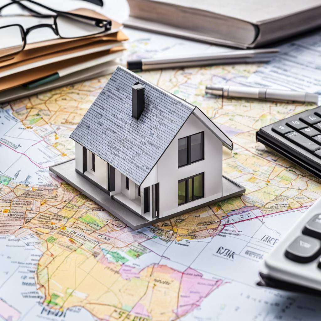 Modern house model on map, office items around, real estate planning.