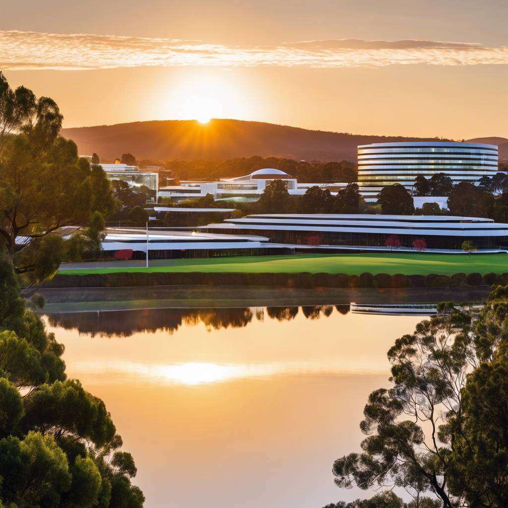 Sunset over Canberra business park with modern buildings, reflecting water, and surrounding green spaces.