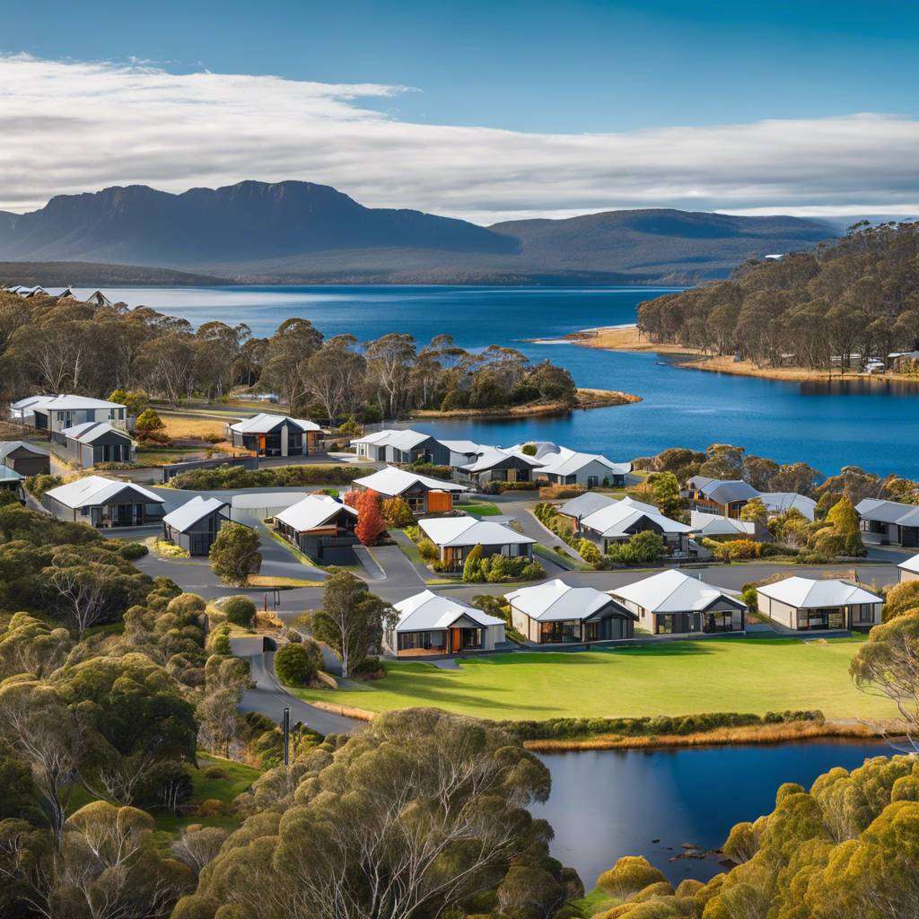 Tasmanian lakeside community with modern homes, lush greenery, and mountain backdrop.