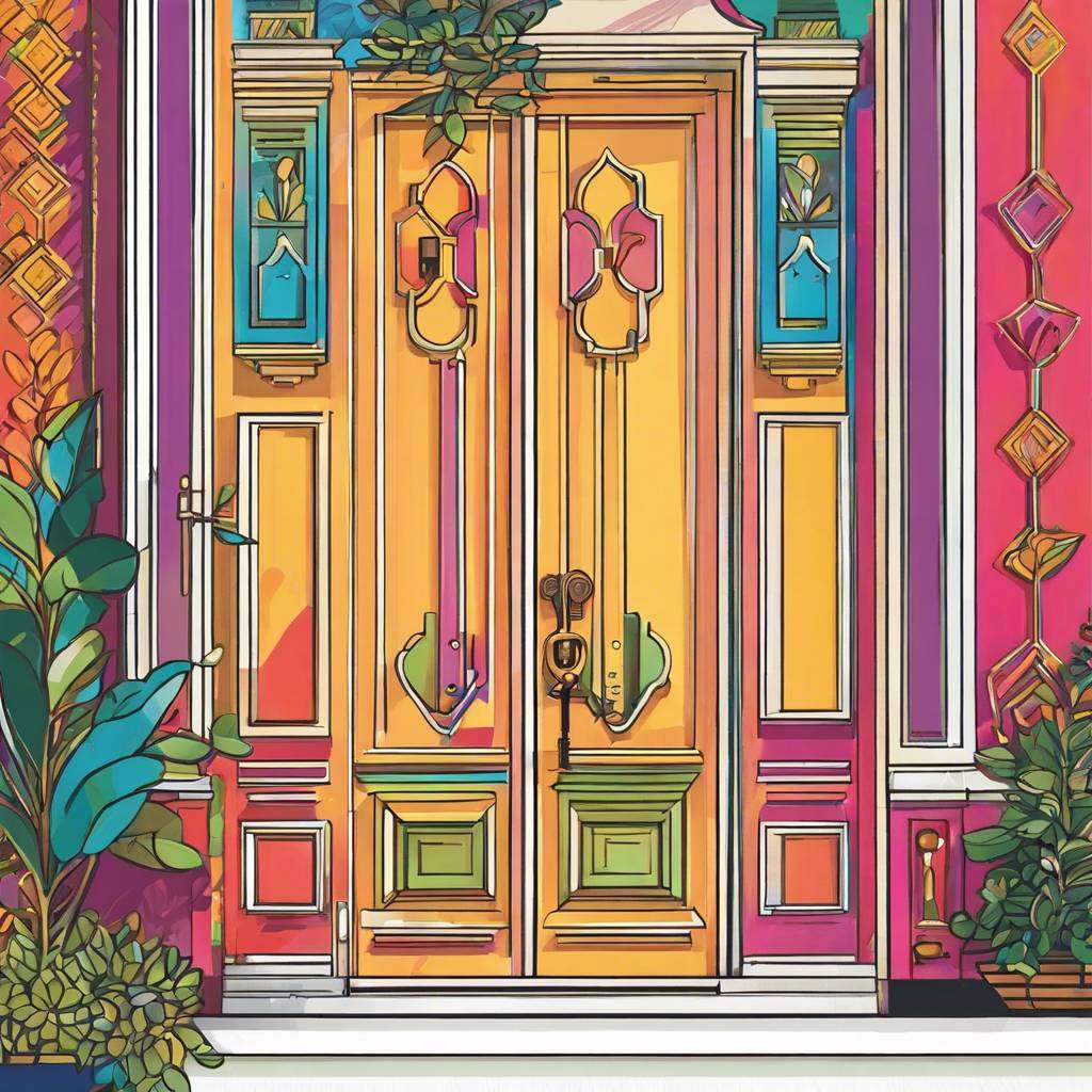 Colourful Queensland doorway with vibrant plants and intricate details.