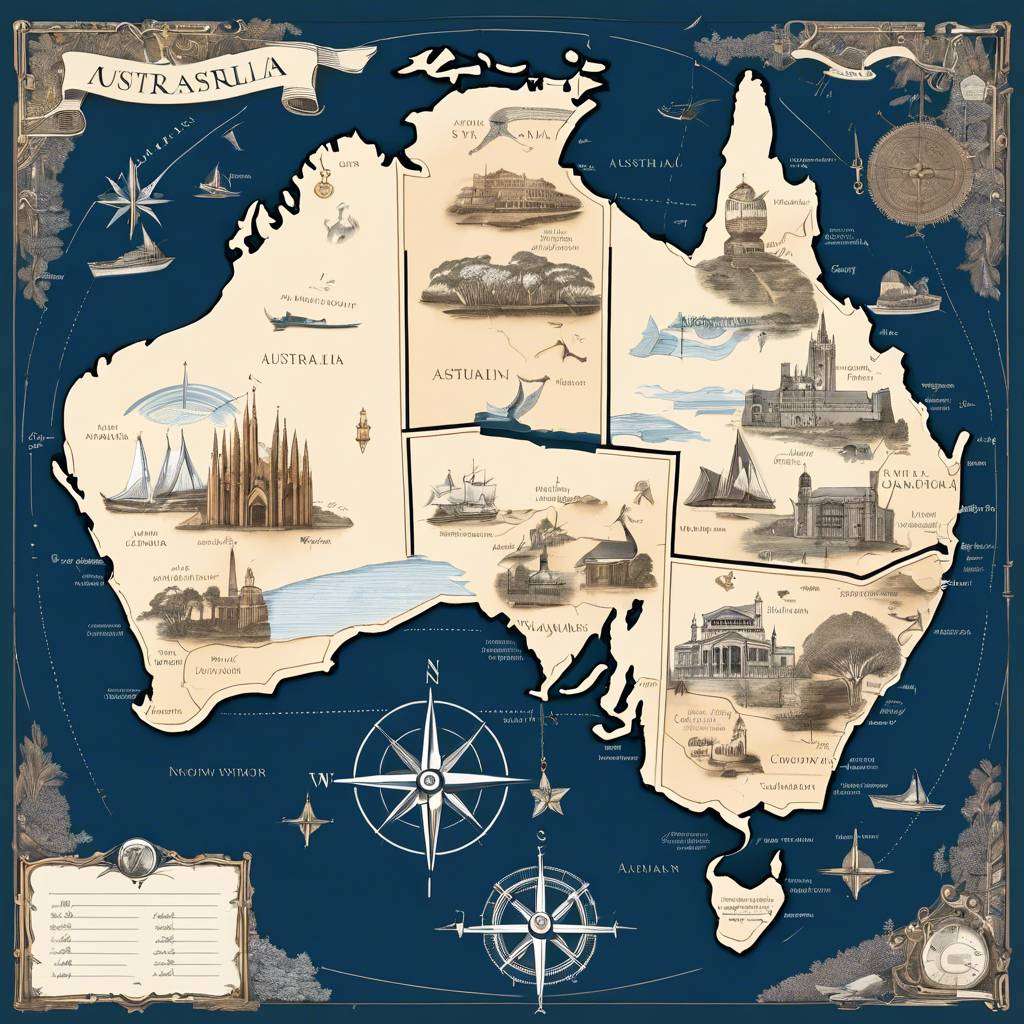 Vintage map of Australia with landmarks, compass rose, and nautical themes.