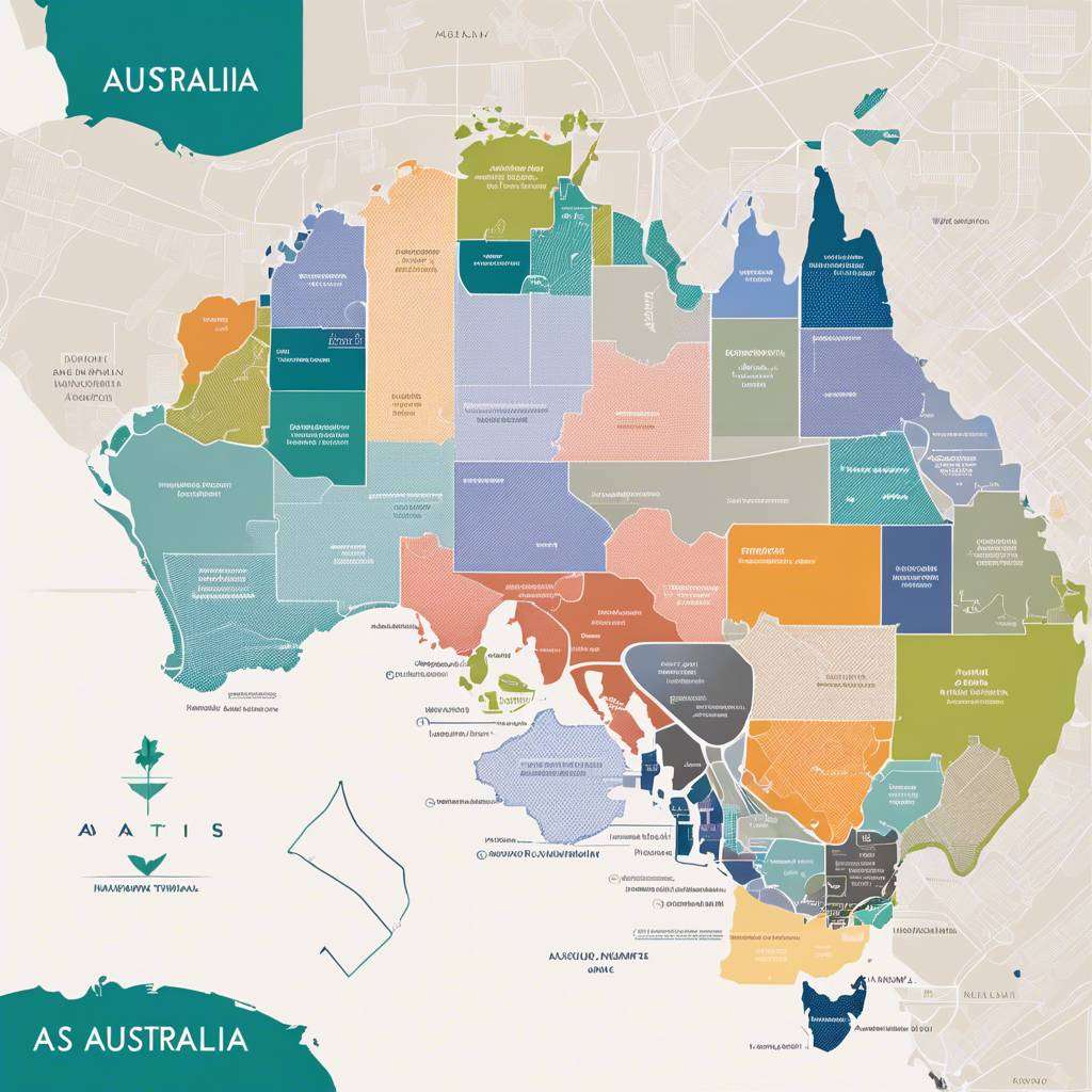 Pastel map of Australia highlighting regions and major cities.