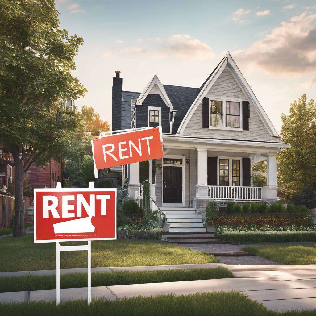 Classic white rental house with porch and red For Rent signs in a tranquil neighbourhood.