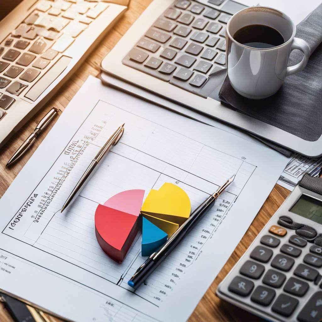 Organised financial workspace with report, 3D pie chart, laptop, pens, calculator, and coffee mug.