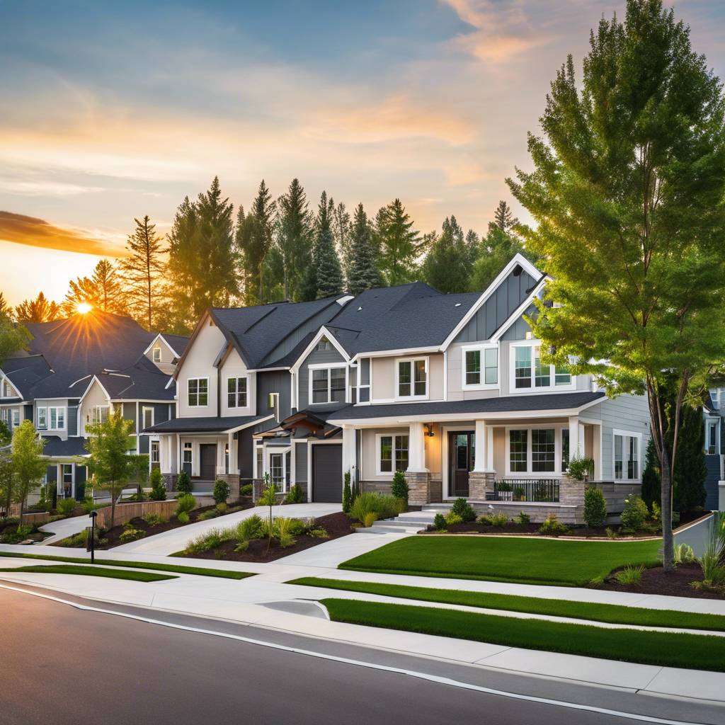 Suburban neighbourhood with modern houses, lush gardens, and a scenic sunset.