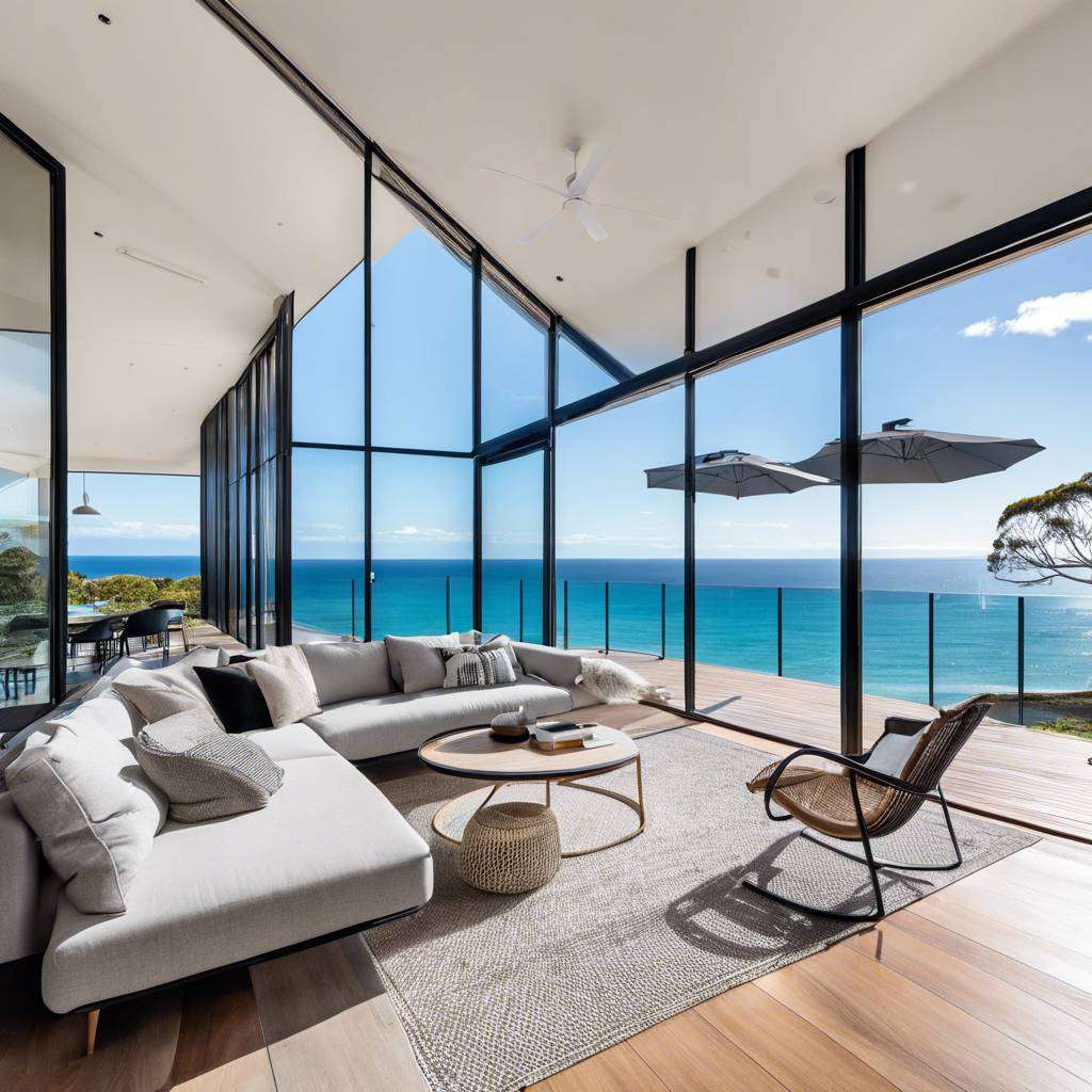 Luxurious modern living room with ocean view in Australian real estate.