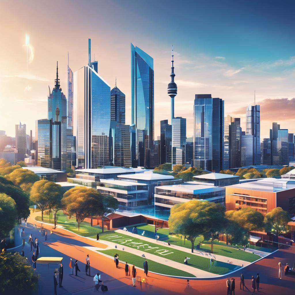 Modern Australian cityscape at sunset with skyscrapers, park, and mixed-use buildings.