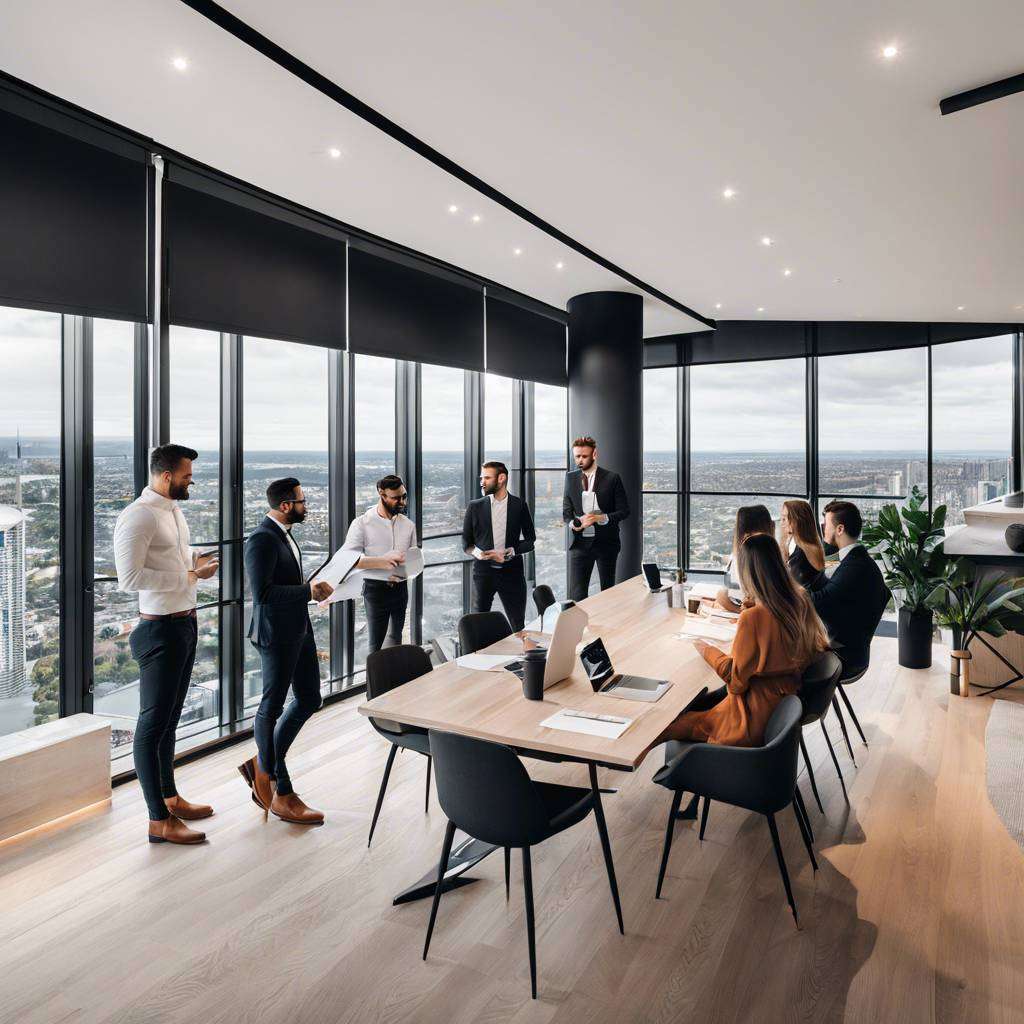 Modern high-rise office with business discussions and city view.