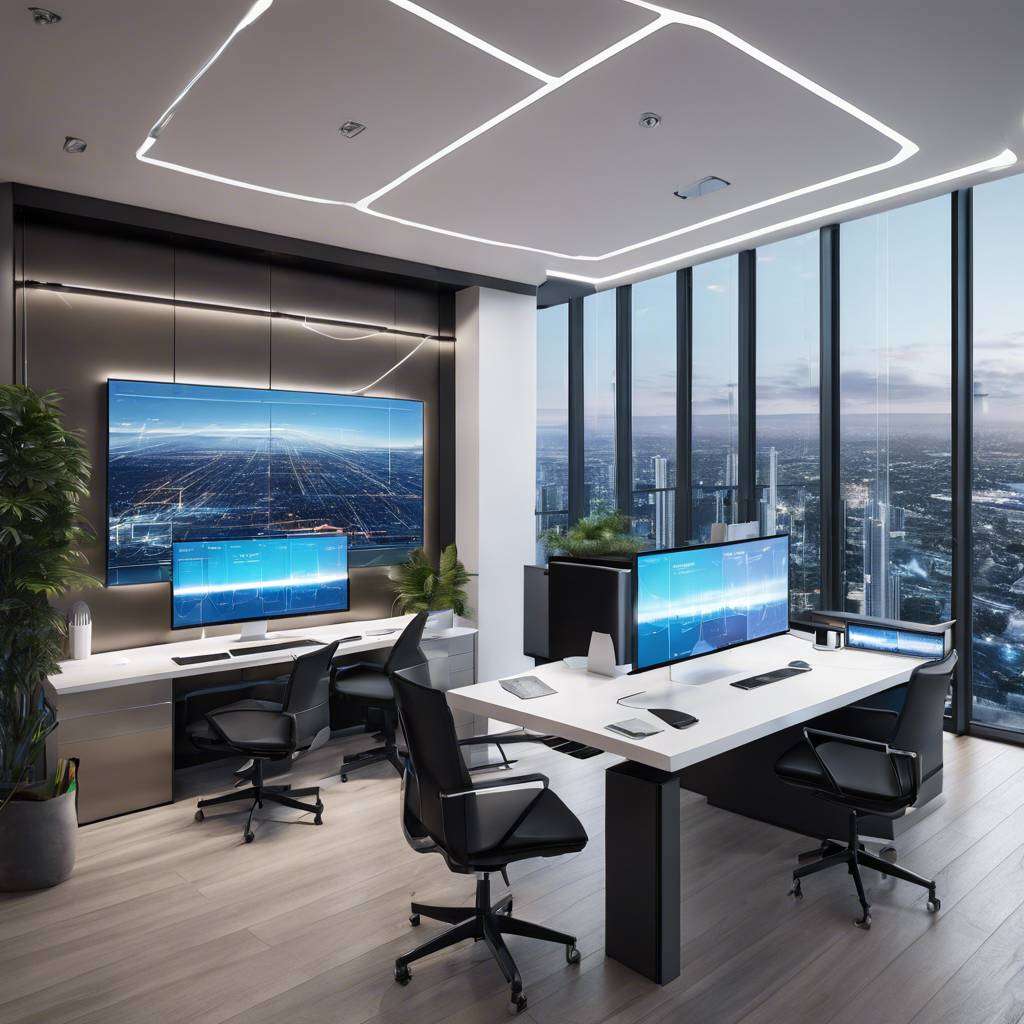 Modern office with city views, ergonomic furniture, and digital screens for data analysis.