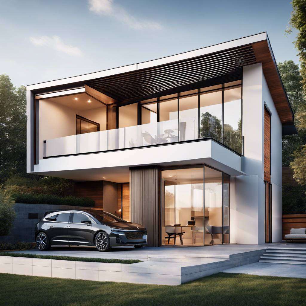 Modern two-story house with large windows, cantilevered upper floor, and luxury car in driveway.