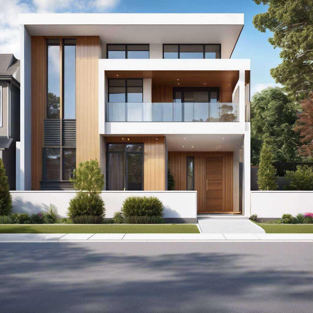 Modern two-story house with white finish, wooden slats, and large glass panels.