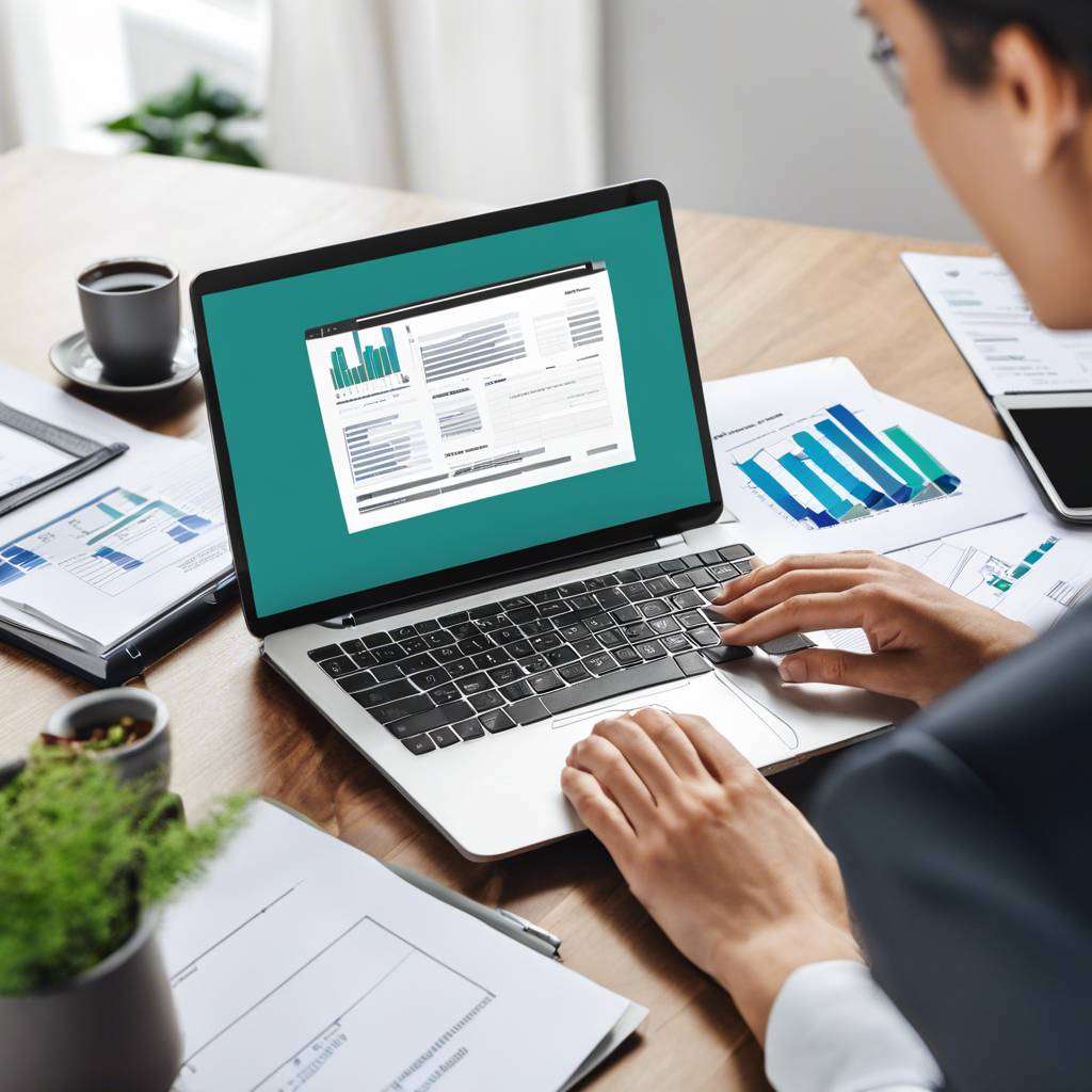 Professional analysing data on laptop with charts, graphs, documents, in modern office setting.