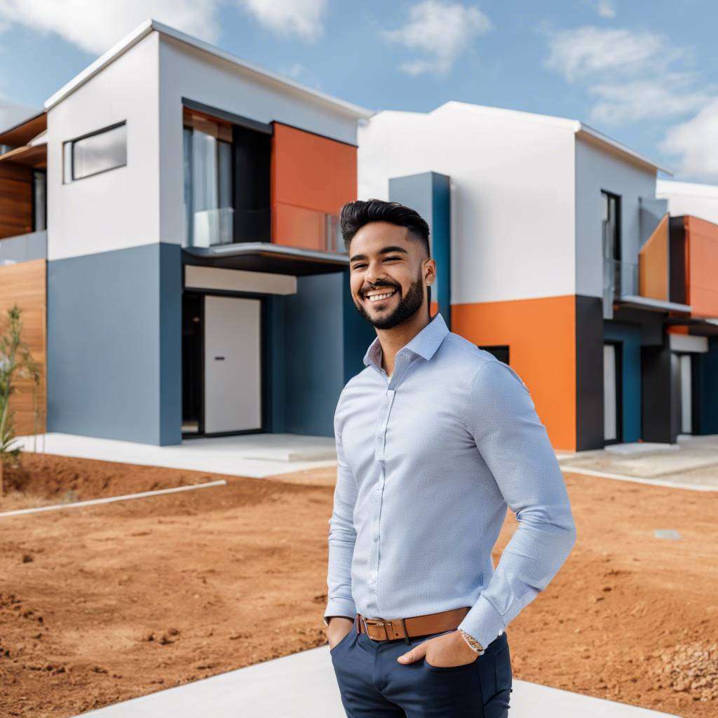 Young investor showcases new NDIS housing complex, modern architecture, professional attire.