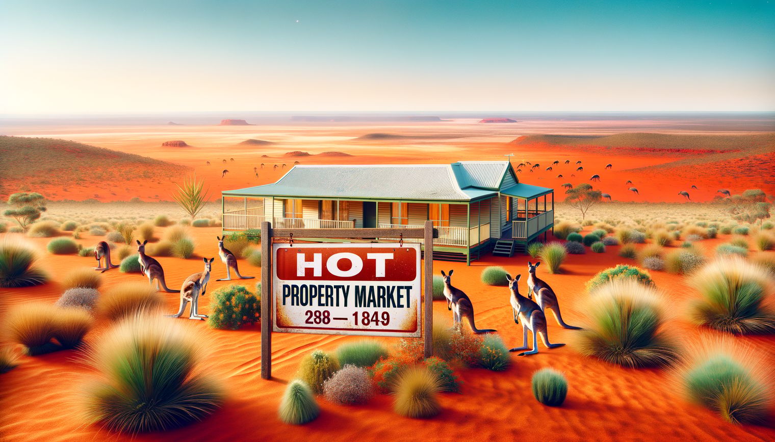 Desert real estate ad with Queenslander house, kangaroos, and Hot Property Market sign.