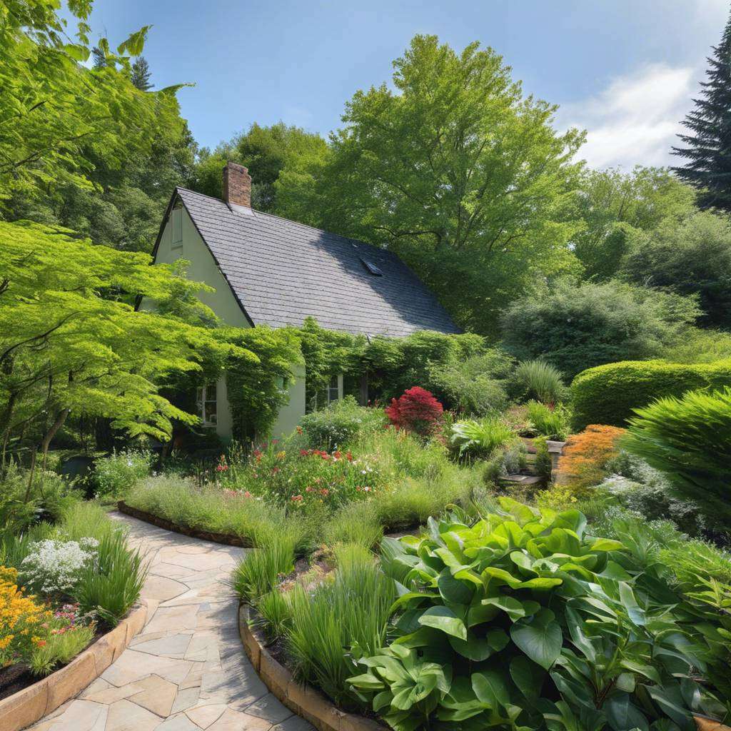 Charming garden with cottage, lush foliage, and stone pathway.