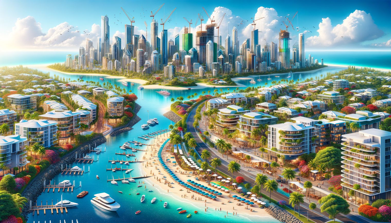 Futuristic coastal city with modern architecture, lush greenery, and vibrant beach activities.