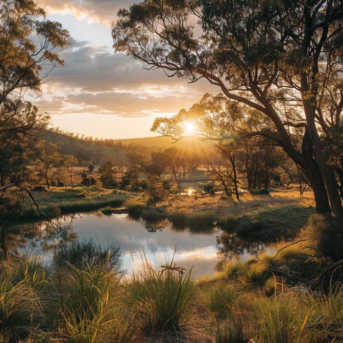 Sunrise over serene Australian landscape with trees, pond, and golden hues.