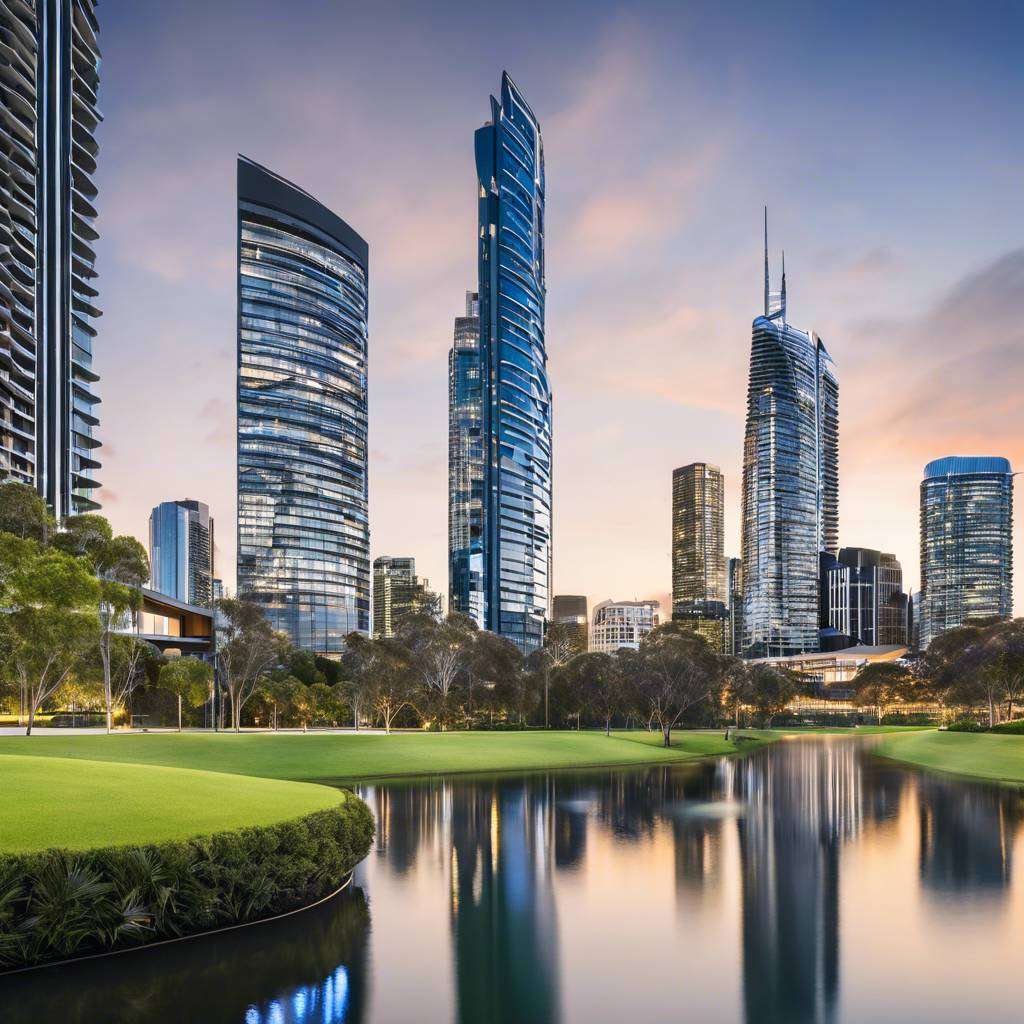 Urban skyline at dusk with skyscrapers and park reflected in tranquil water.
