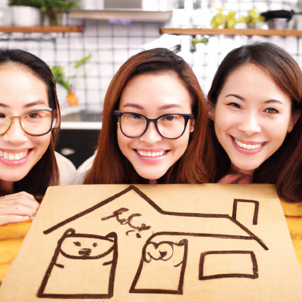 Women smiling in kitchen with a whimsical drawing.