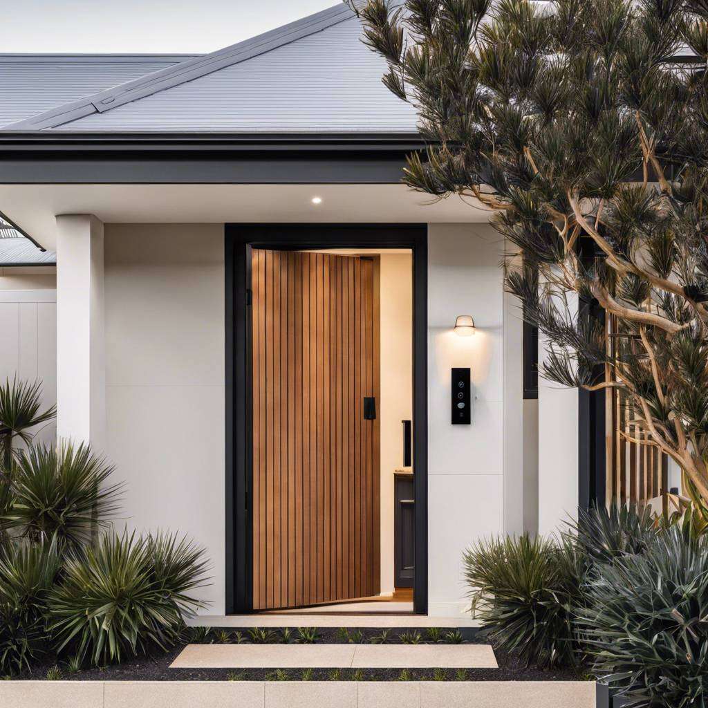 Modern Australian home entrance with sleek wood door and minimalist landscaping.