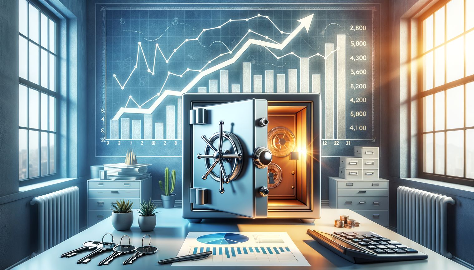 Modern office with open safe, financial charts, documents, and natural light.