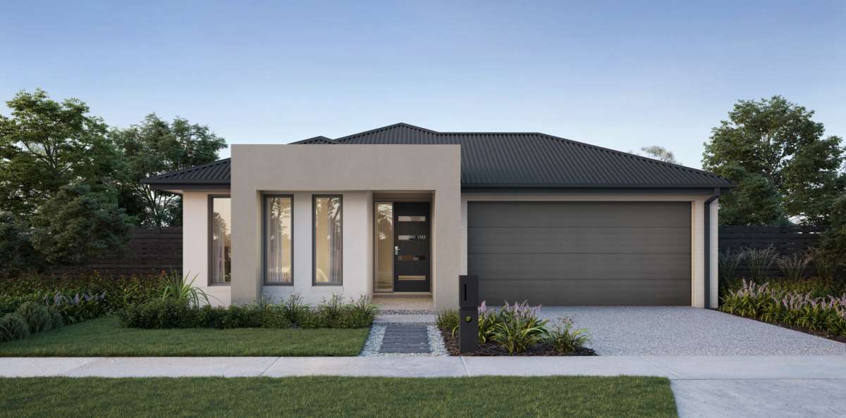 Modern single-story house with flat roof, large windows, and landscaped garden.